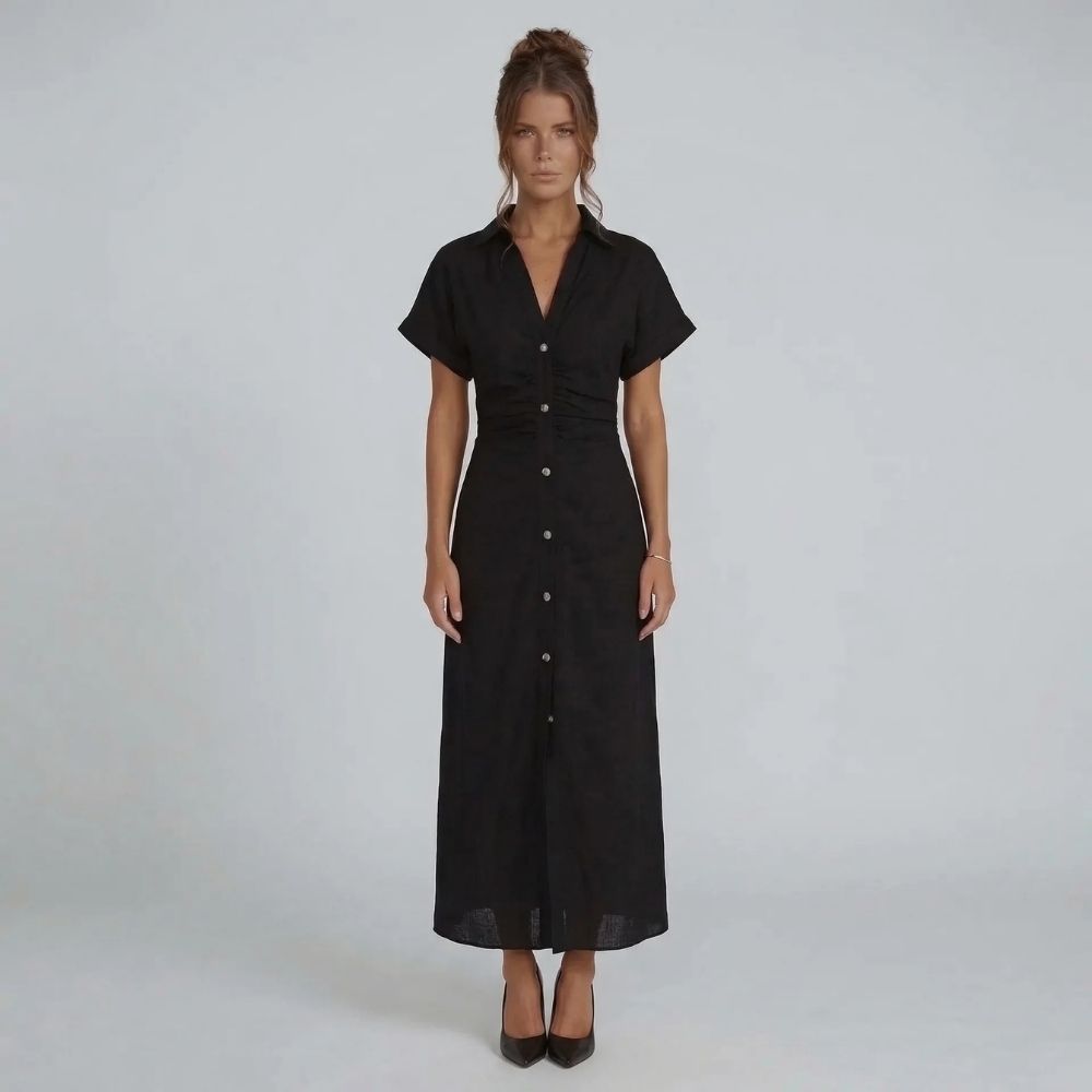 Women's ruched collared short sleeve midi dress in black, front view