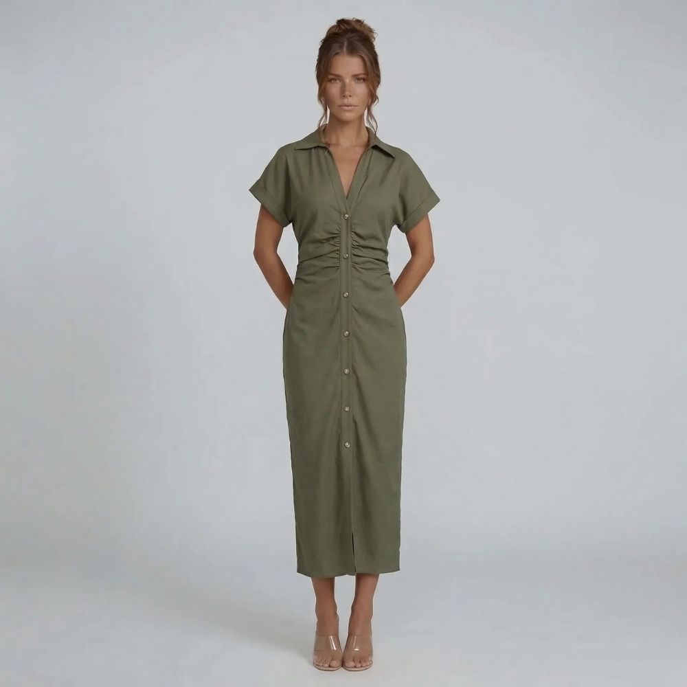 Women's ruched collared short sleeve midi dress in green, front view