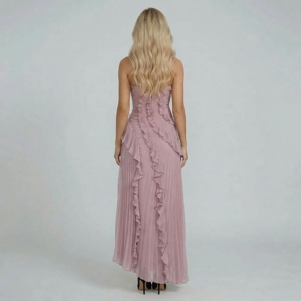 Women's ruffle halter pleated maxi dress in pink, back view