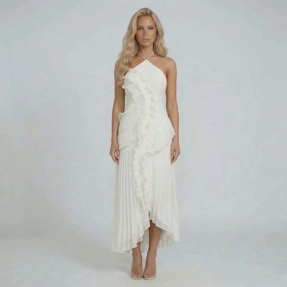 Women's ruffle halter pleated maxi dress in white, front view