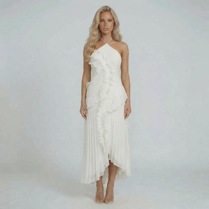 Women's ruffle halter pleated maxi dress in white, front view