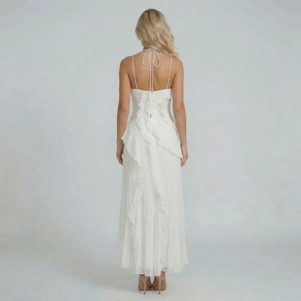 Women's ruffle halter pleated maxi dress in white, back view