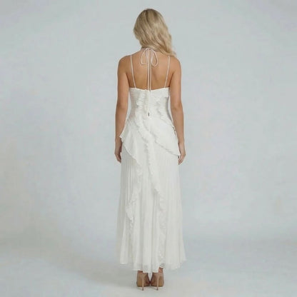 Women's ruffle halter pleated maxi dress in white, back view