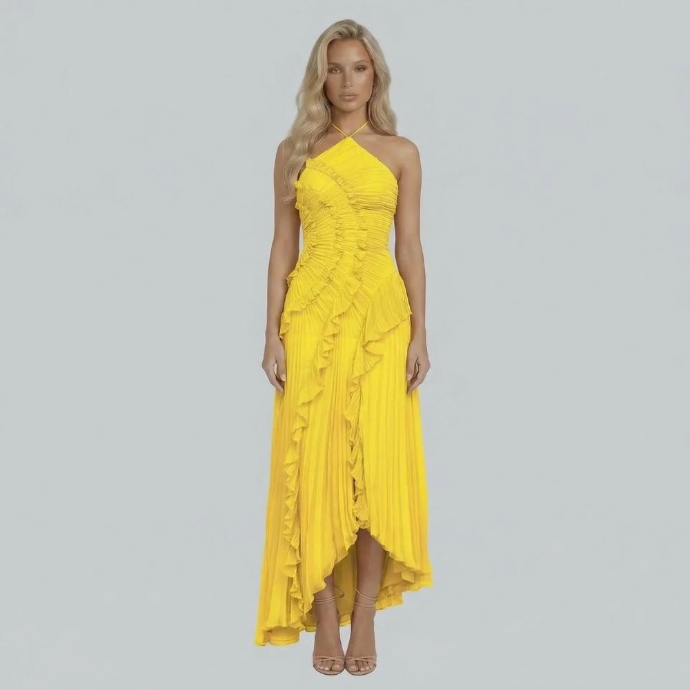 Women's ruffle halter pleated maxi dress in yellow, front view
