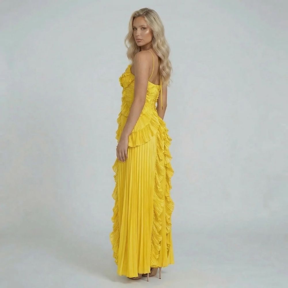 Women's ruffle halter pleated maxi dress in yellow, back view
