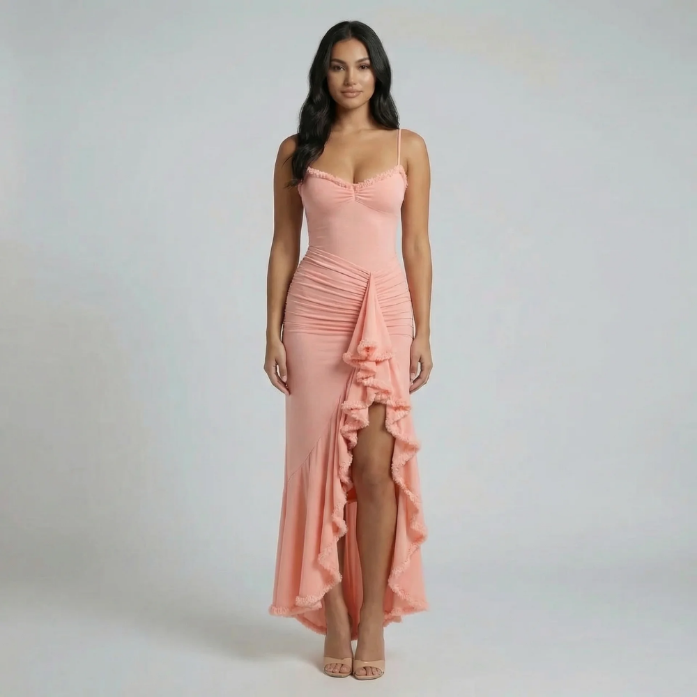 Women's ruffle ruched sweetheart maxi dress in pink