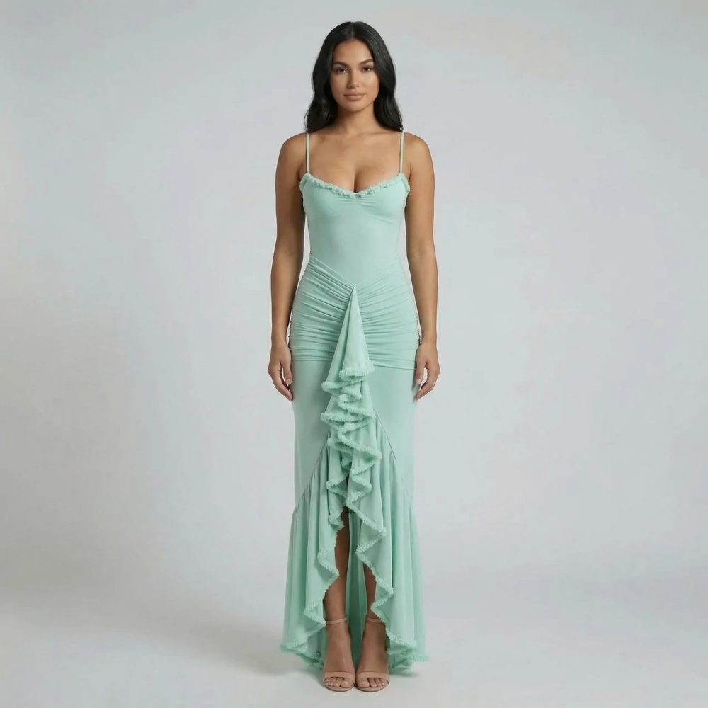 Women's ruffle ruched sweetheart maxi dress in mint