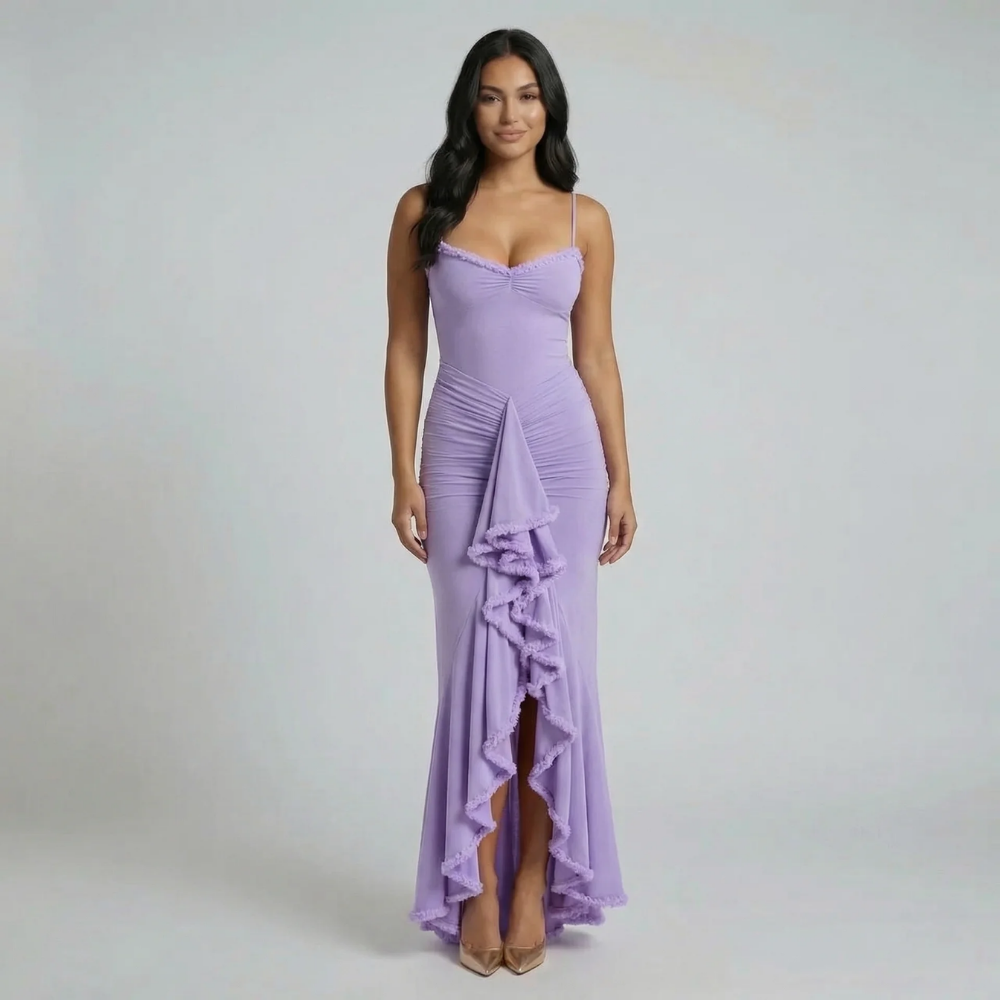 Women's ruffle ruched sweetheart maxi dress in purple