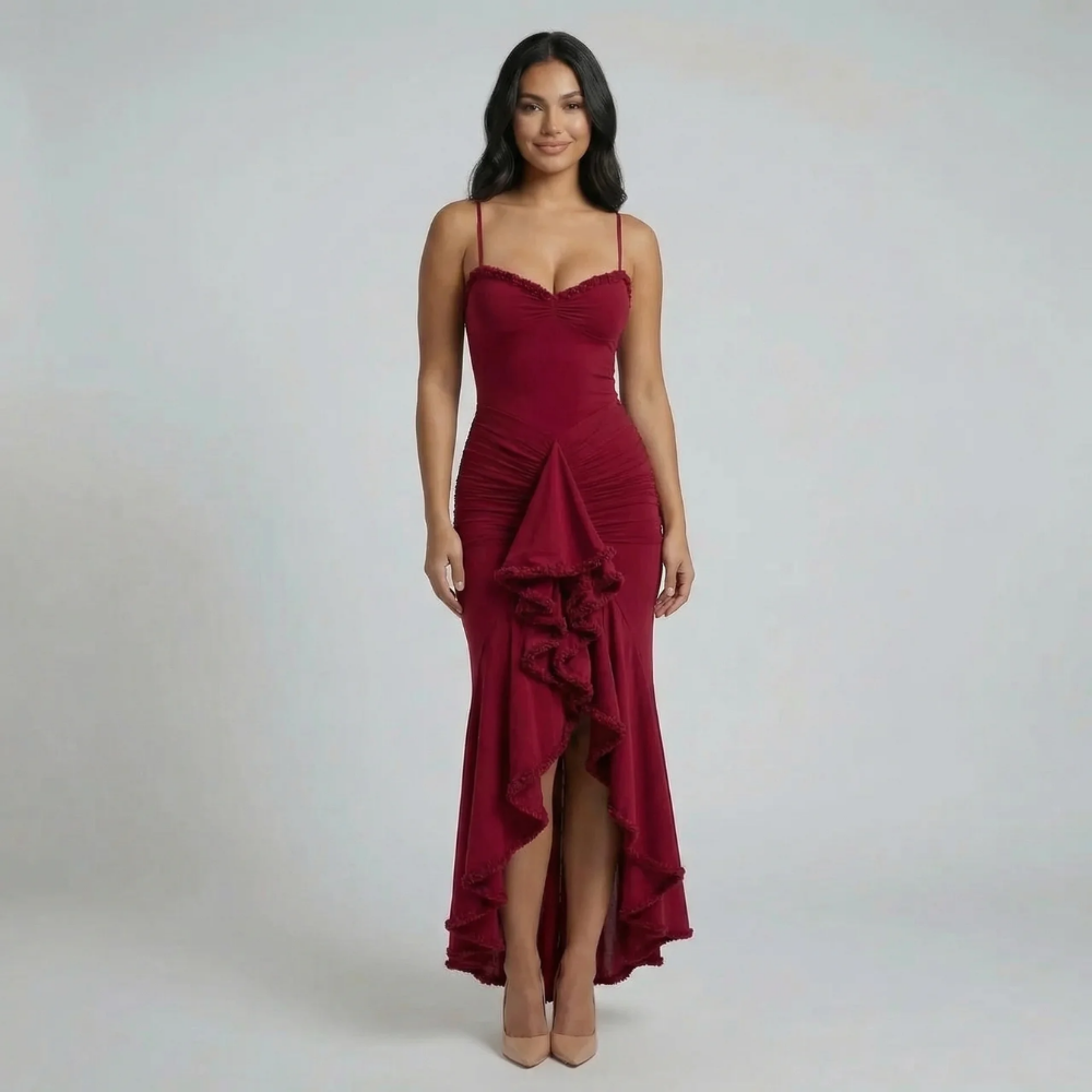 Women's ruffle ruched sweetheart maxi dress in burgundy