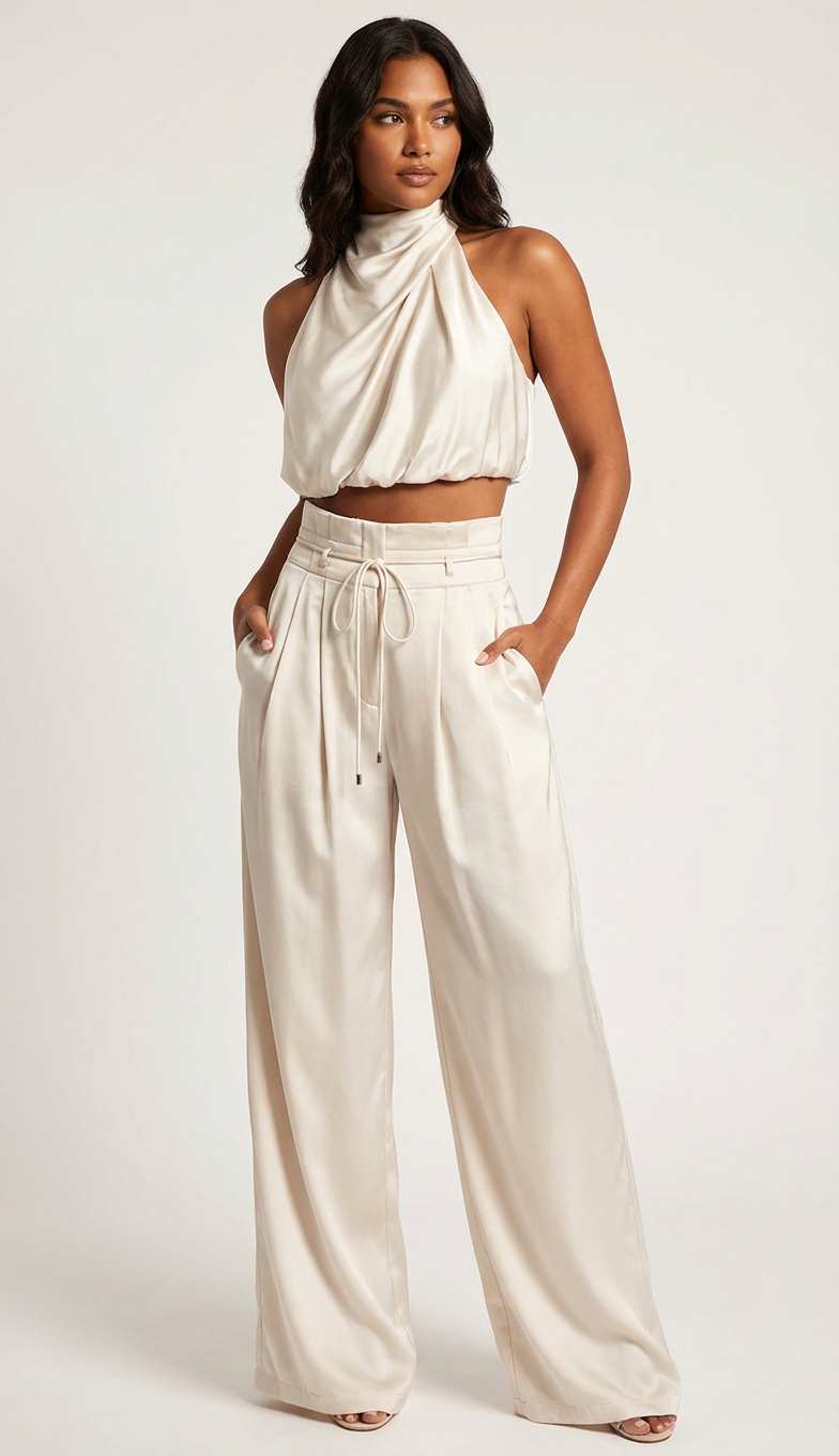 Women's satin halter two piece co-ord set in beige, front view