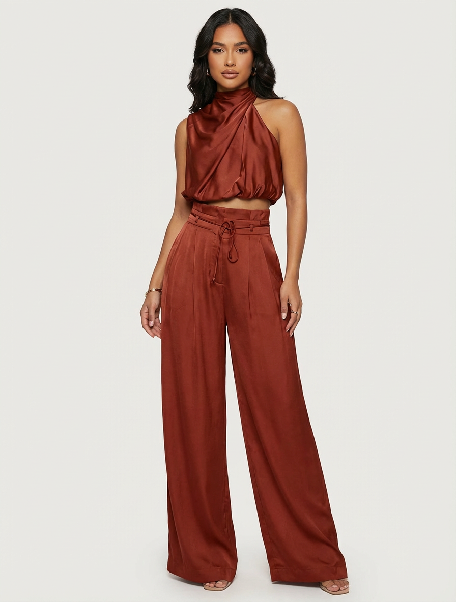 Women's satin halter two piece co-ord set in red, front view