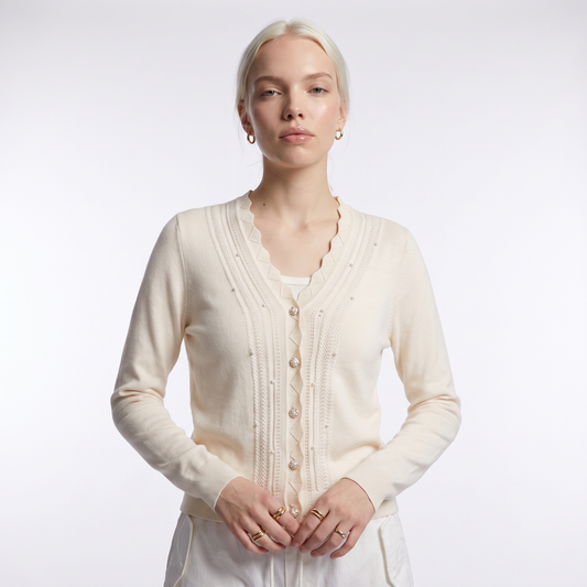 Women's scalloped v-neck pearl cardigan in cream, front view