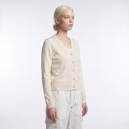 Women's scalloped v-neck pearl cardigan in cream, three-quarter view