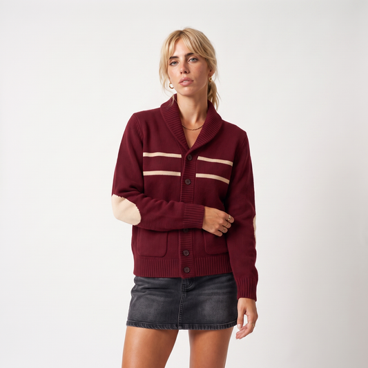 Women's shawl collar elbow patch cardigan in burgundy, front view