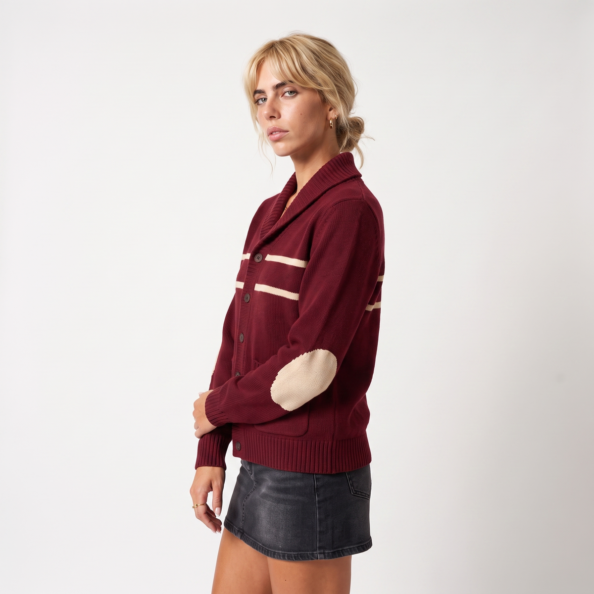 Women's shawl collar elbow patch cardigan in burgundy, side view