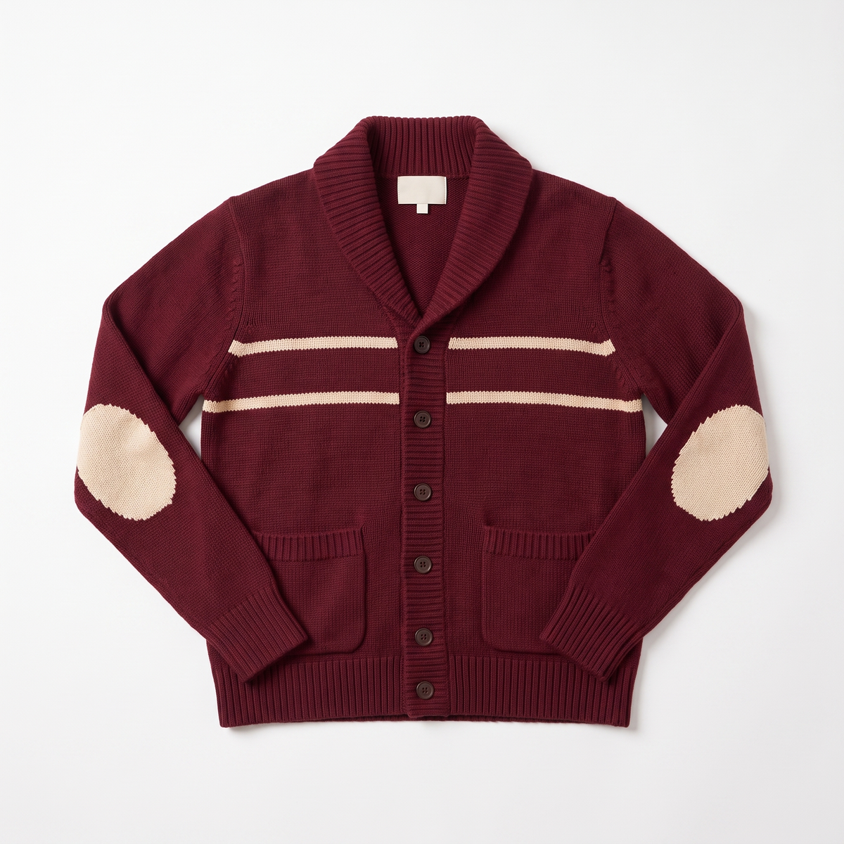 Women's shawl collar elbow patch cardigan in burgundy, flatlay view