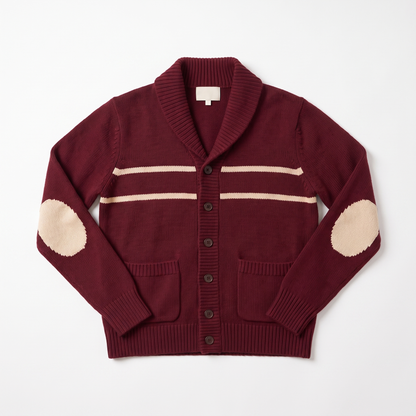 Women's shawl collar elbow patch cardigan in burgundy, flatlay view
