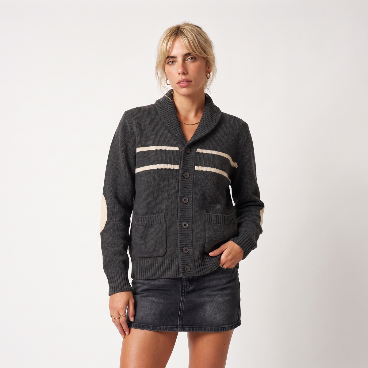 Women's shawl collar elbow patch cardigan in charcoal gray, front view
