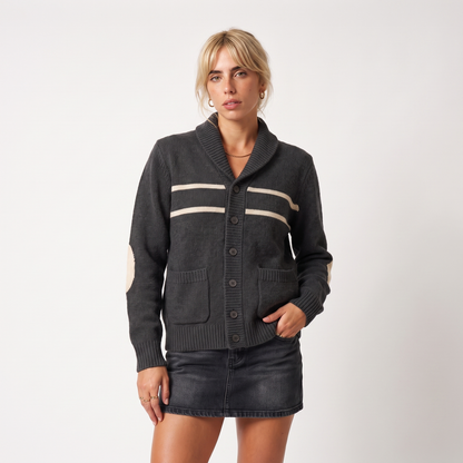 Women's shawl collar elbow patch cardigan in charcoal gray, front view