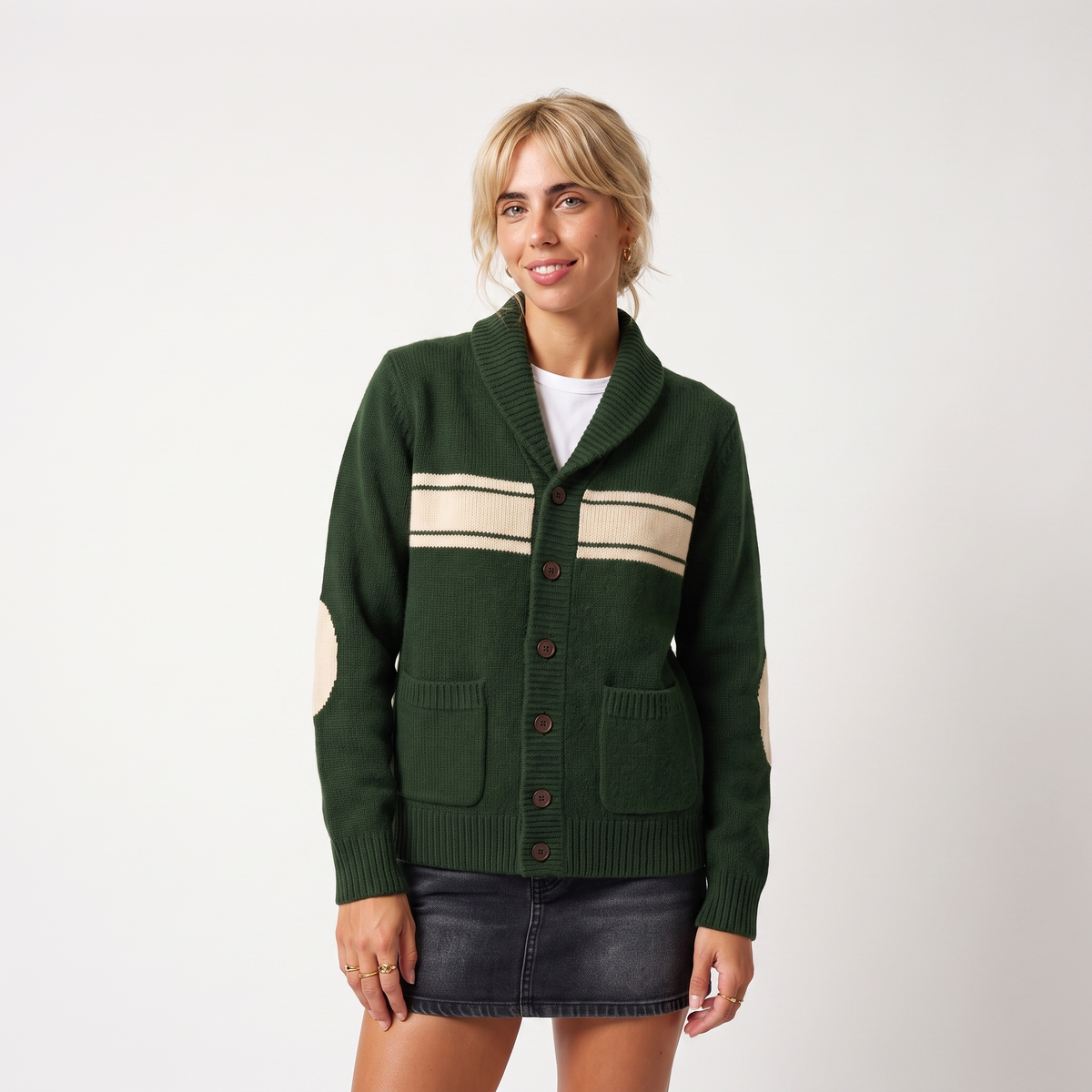Women's shawl collar elbow patch cardigan in green, front view
