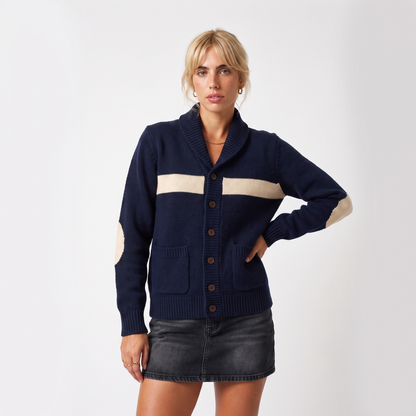 Women's shawl collar elbow patch cardigan in navy blue, front view