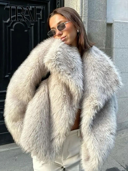 Women's shawl collar long sleeve wrap coat in grey, front view