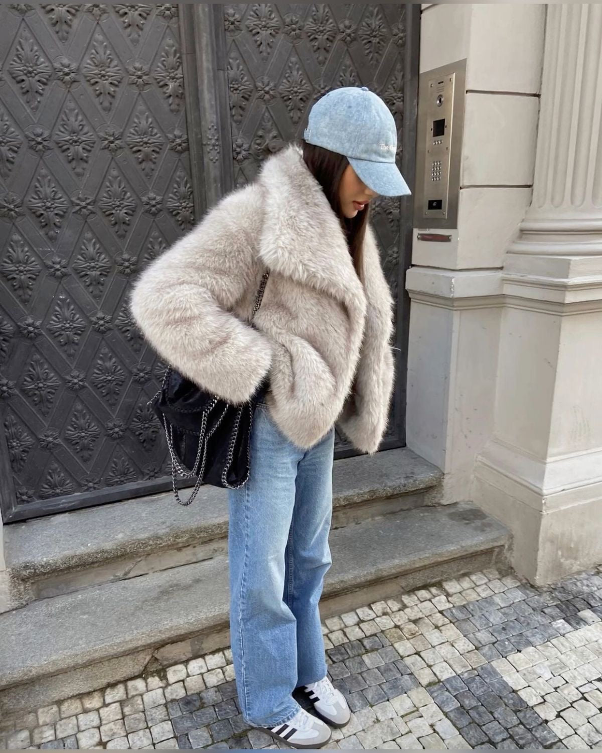 Women's shawl collar long sleeve wrap coat in grey, side view