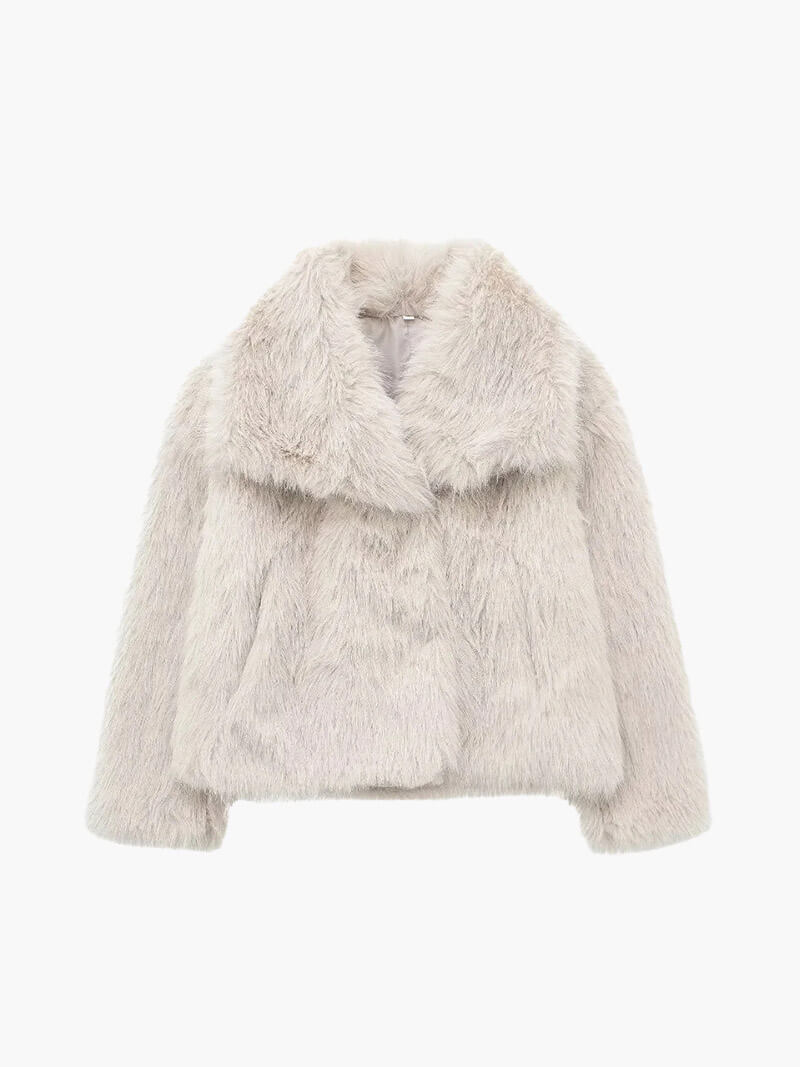 Women's shawl collar wrap coat in beige, back view
