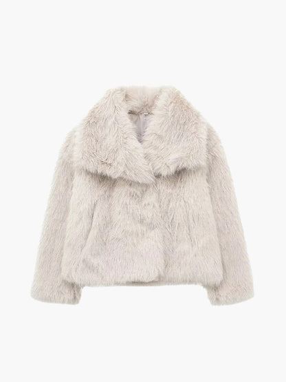 Women's shawl collar wrap coat in beige, back view