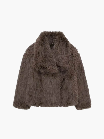 Women's shawl collar wrap coat in brown, back view