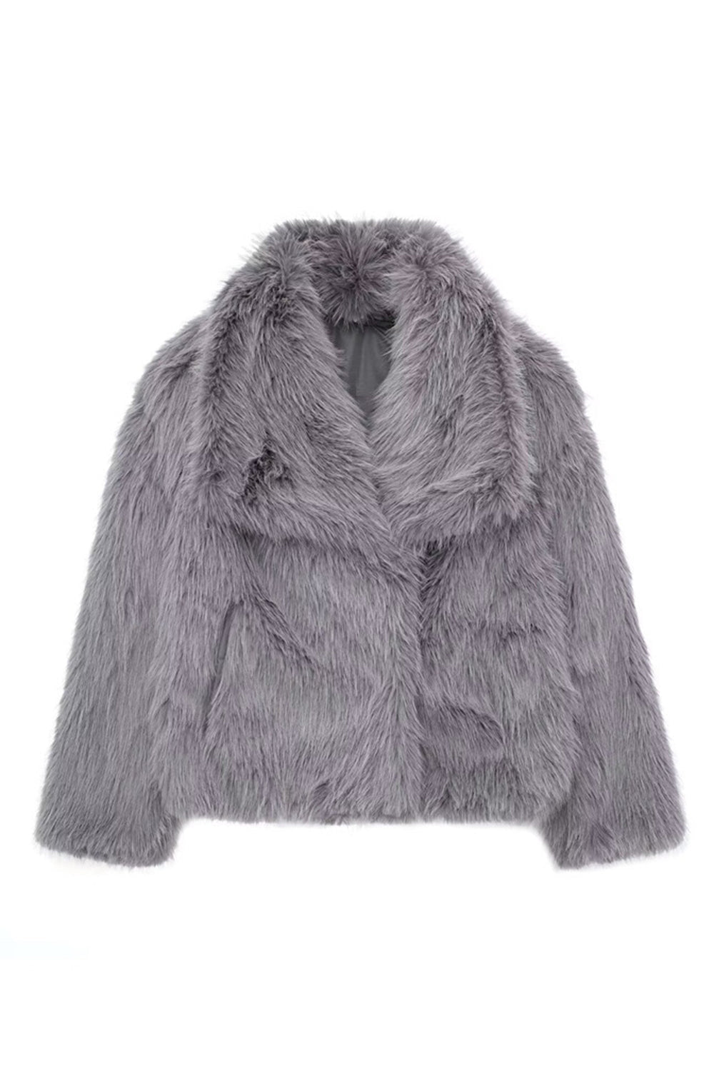 Women's shawl collar wrap coat in grey, front view