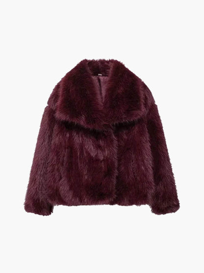 Women's shawl collar wrap coat in red, back view
