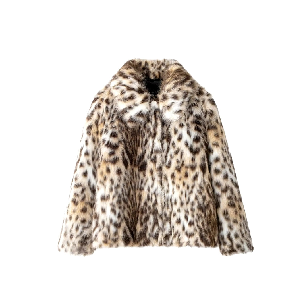 Women's shawl collar wrap coat in leopard brown, back view