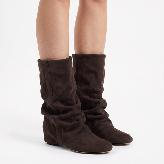 Women's slouchy round toe knee-high boots in dark brown, three-quarter view