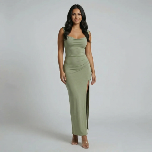 Women's square neck bow back maxi dress in sage, front view