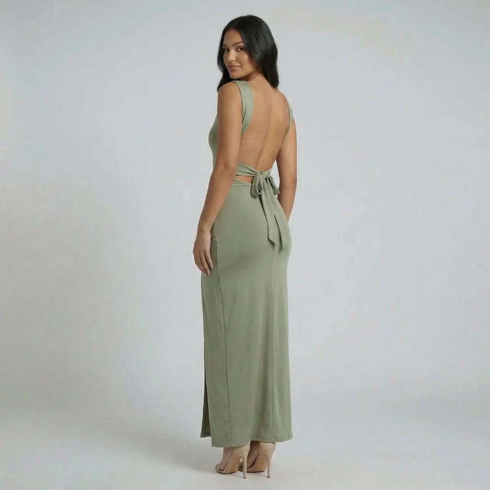 Women's square neck bow back maxi dress in sage, back view