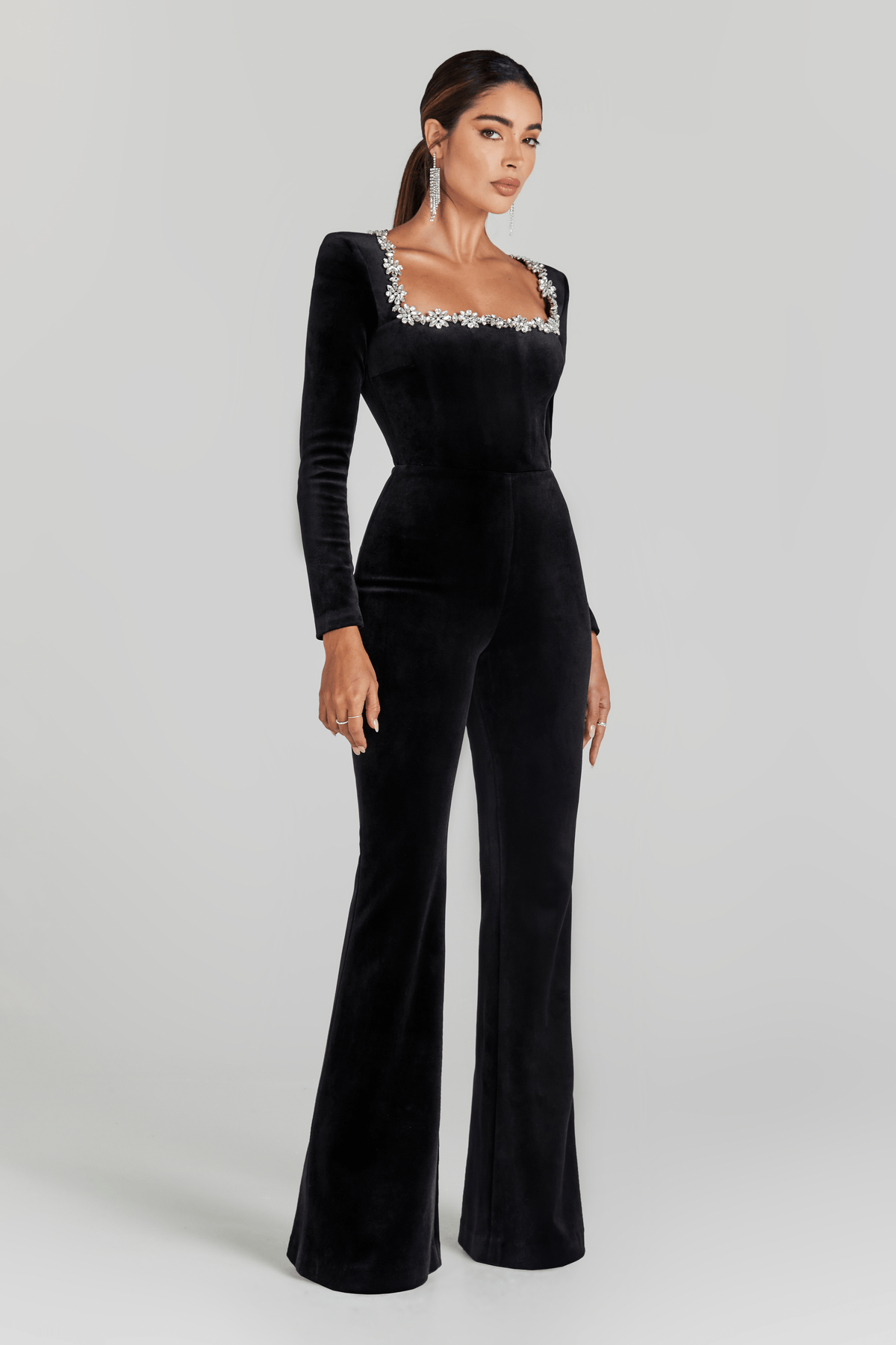 Women's square neck long sleeve jumpsuit, front view