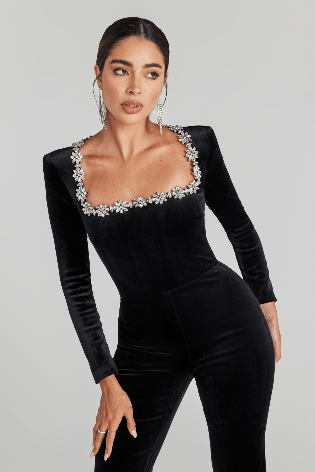 Women's square neck long sleeve jumpsuit, styled view