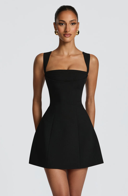 Women's square neck mini dress in black, front view
