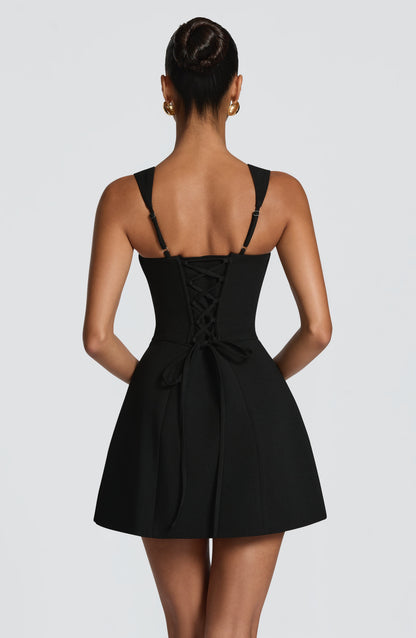 Women's square neck mini dress in black, back view