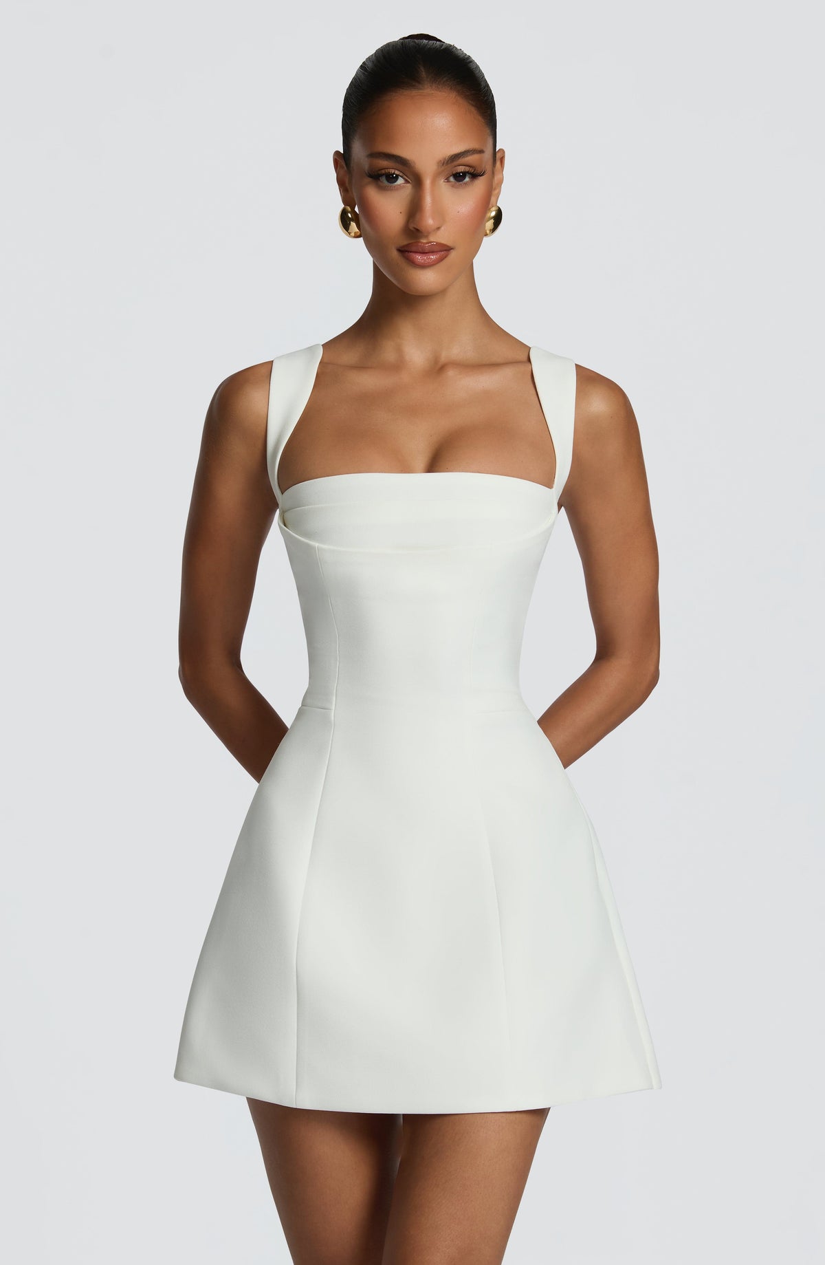 Women's square neck mini dress in ivory, back view