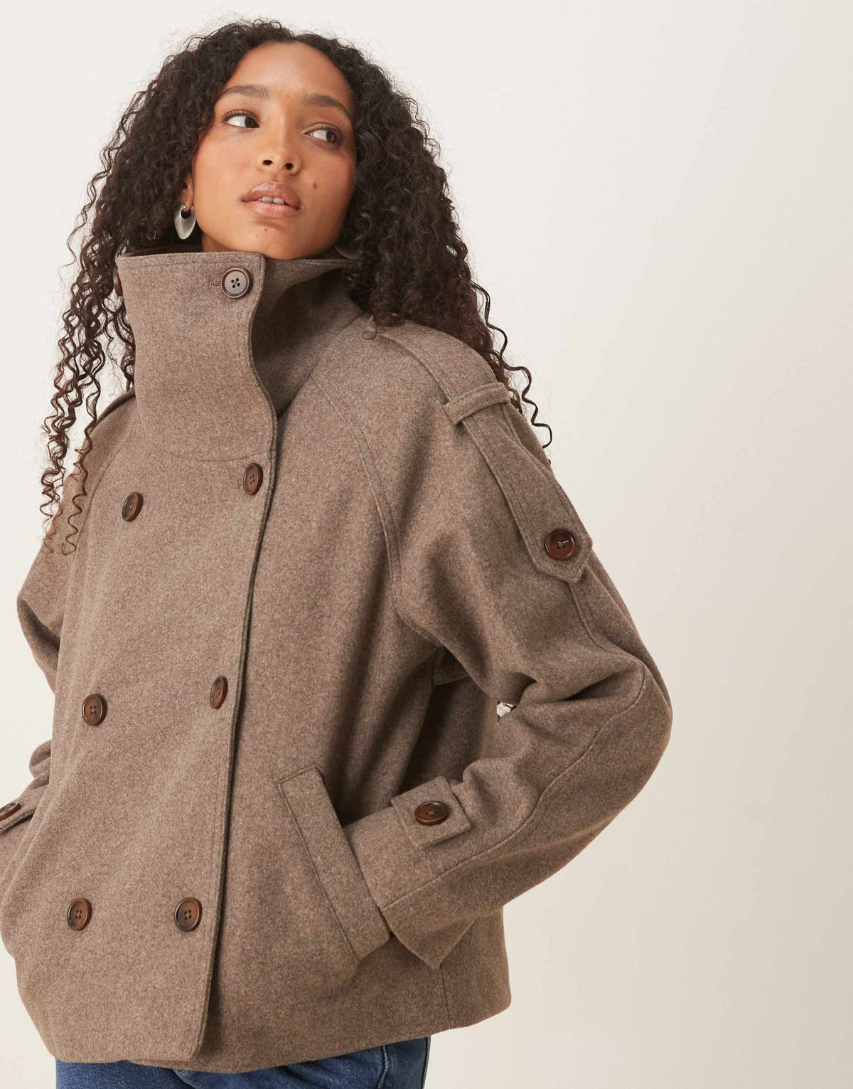 Women's stand collar button jacket in light brown, front view