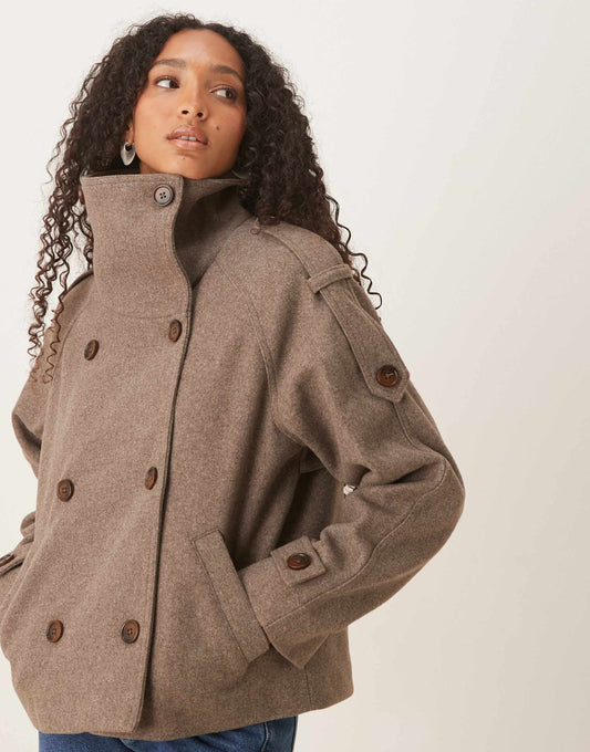 Women's stand collar button jacket in light brown, front view