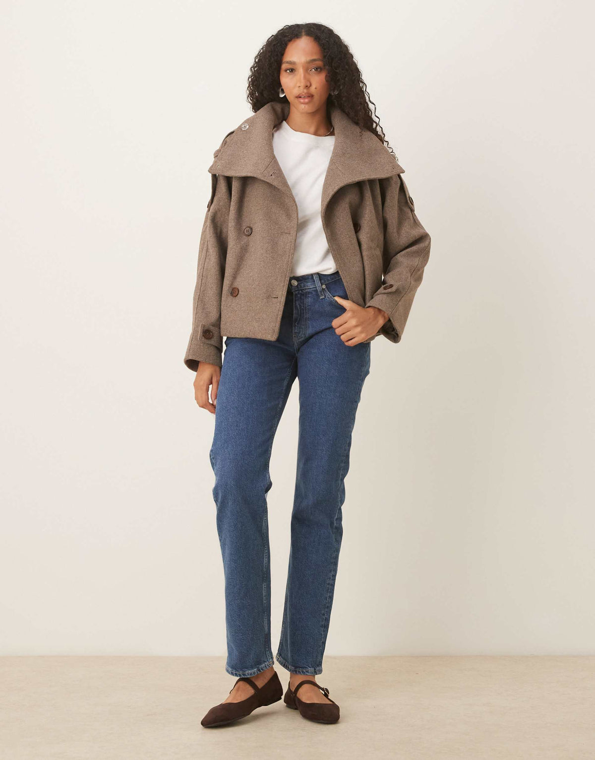 Women's stand collar button jacket in light brown, back view