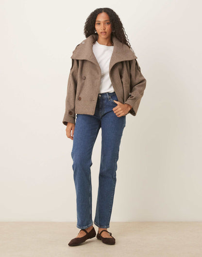 Women's stand collar button jacket in light brown, back view