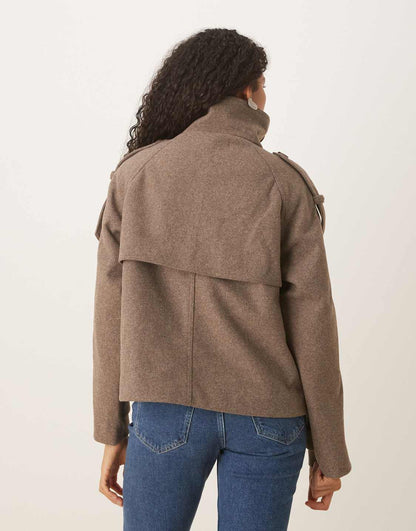 Women's stand collar button jacket in black, side view