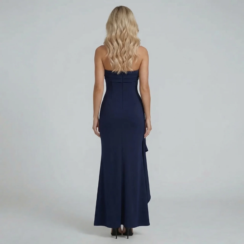 Women's strapless ruched high slit maxi dress in black, styled view