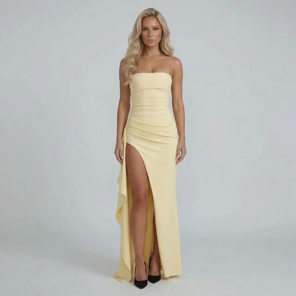 Women's strapless ruched high slit maxi dress in yellow, front view