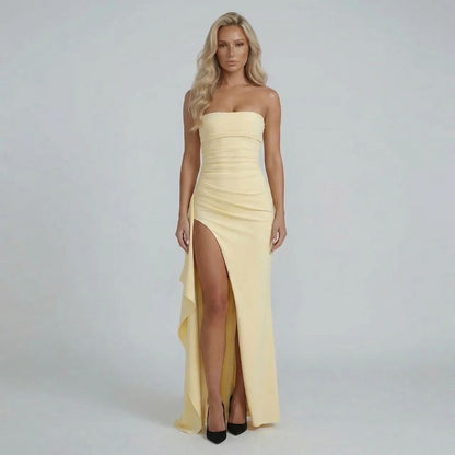 Women's strapless ruched high slit maxi dress in yellow, front view