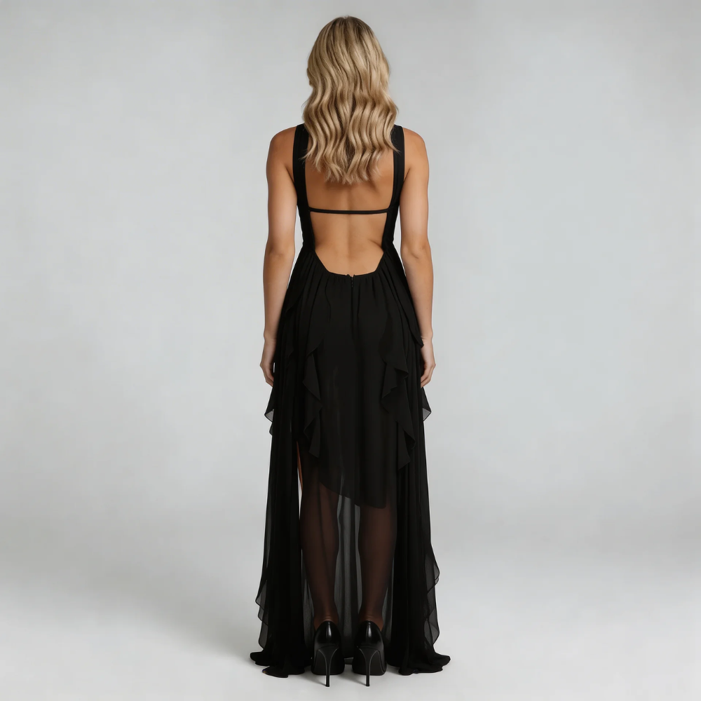 Women's strapless ruffle maxi dress in jet black, open back view